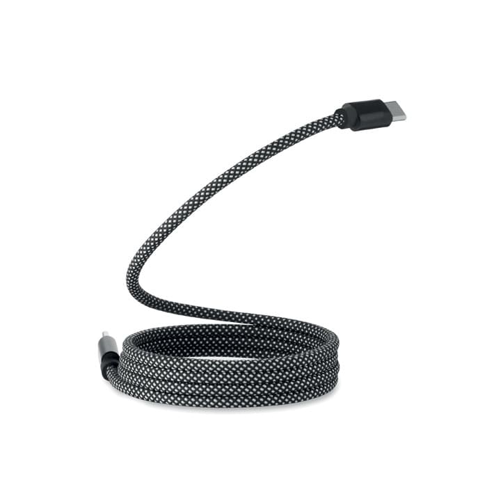 A charging cable with a braided black and white design, featuring USB-C connectors at both ends.
