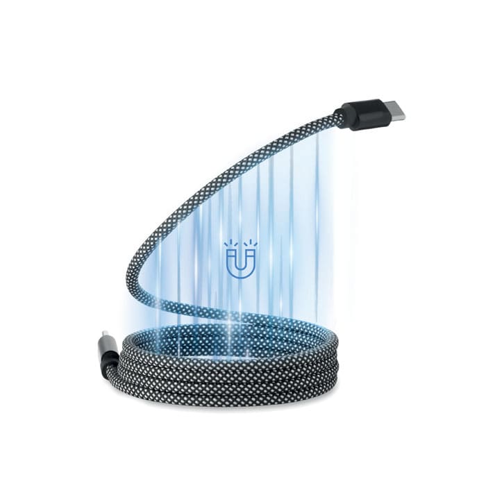 A charging cable with a braided design, featuring a USB-C connector and a sleek black colour. It has a logo.