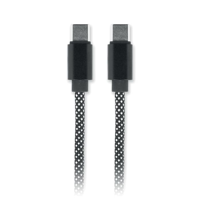 A black braided cable with connectors at both ends, featuring a textured fabric cover for durability.