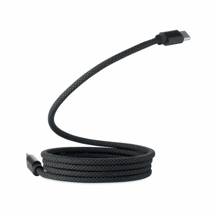 A charging cable with a braided black exterior and USB connectors on both ends.