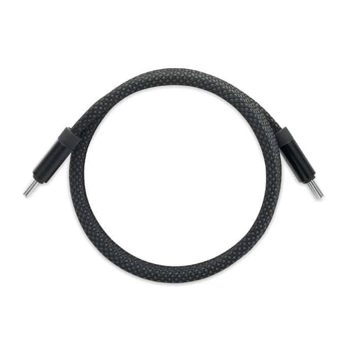 A braided black cable with connectors at both ends, featuring a textured surface for added grip.