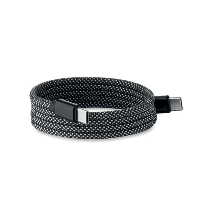 A charging cable in black with a textured design, featuring connectors on both ends and a sleek, durable appearance.