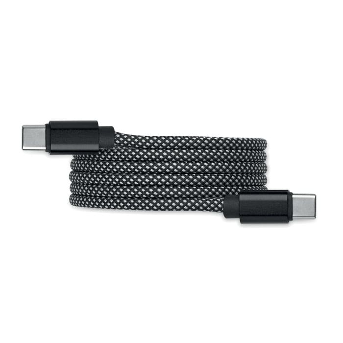 A charging cable in black with a woven texture, featuring USB-C connectors on both ends and a logo.