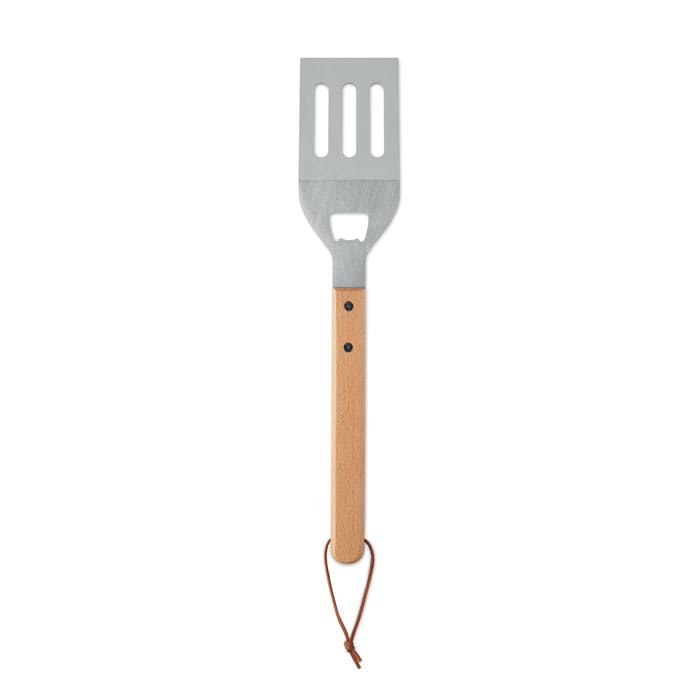 A spatula with a stainless steel head and a wooden handle, featuring a leather hanging loop.
