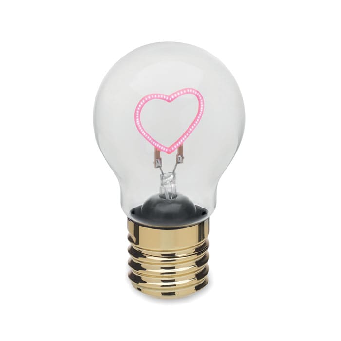 A light bulb with a heart-shaped pink filament, encased in a clear glass bulb and a gold-coloured base.
