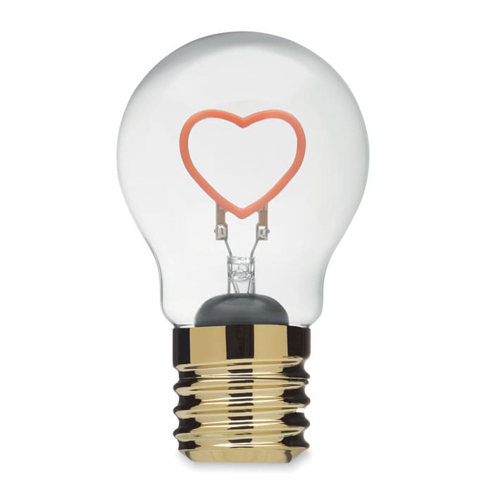 A light bulb with a heart-shaped filament, featuring a gold base and clear glass.