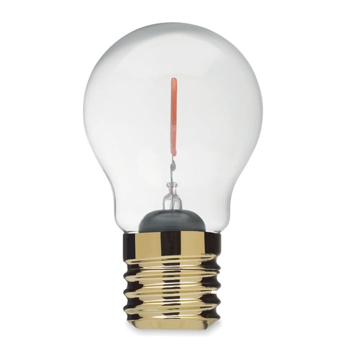 A light bulb with a clear glass body and a gold base, featuring a single copper filament inside.
