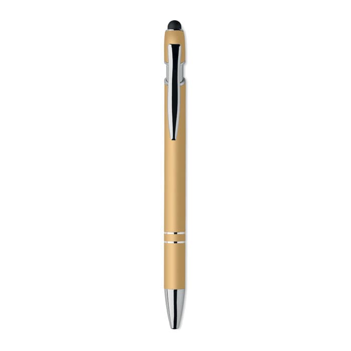 A gold pen with a black tip and chrome accents, featuring a sleek design and a clip for easy attachment.