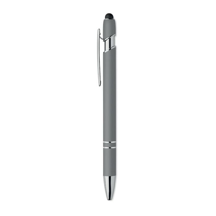 A grey pen with a chrome clip and stylus tip, featuring a sleek design and smooth finish.