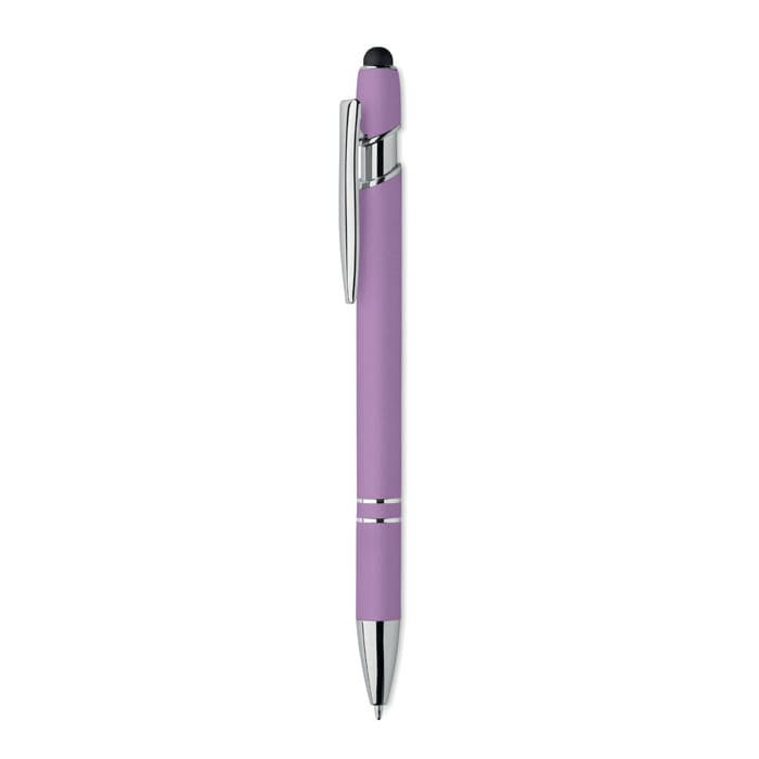A purple pen with a silver clip and tip. The pen features a stylus tip on one end. It has a branding logo.