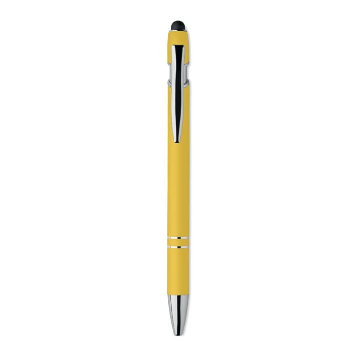 A yellow pen with a silver clip and tip, featuring a touch screen stylus at the end.