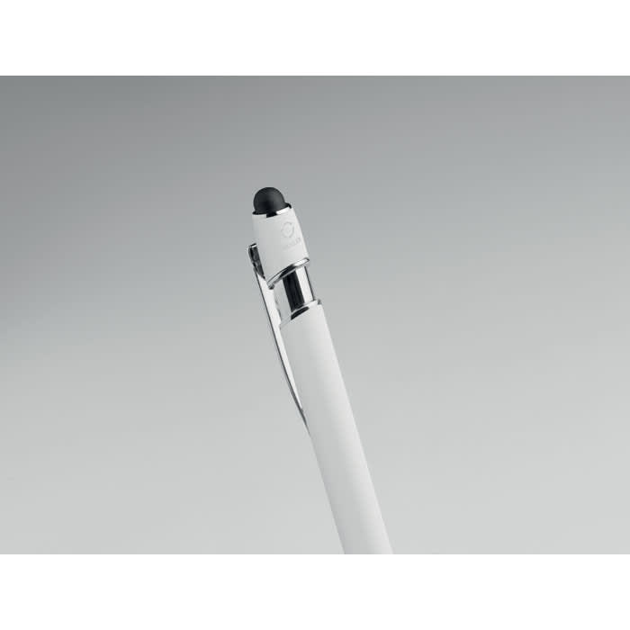 A pen with a sleek white body and a black tip, featuring a clip and a subtle logo.