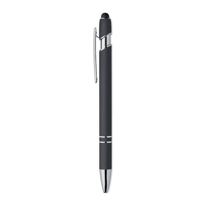 A sleek black pen with a chrome clip and accents, featuring a stylus tip for touch screens.