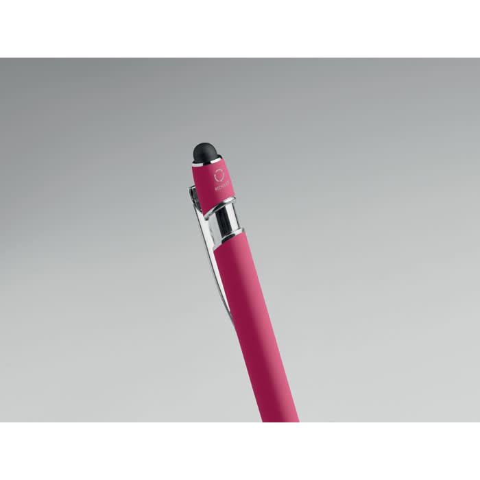 A pen with a pink body and a glossy chrome clip, featuring a black stylus tip on the end.