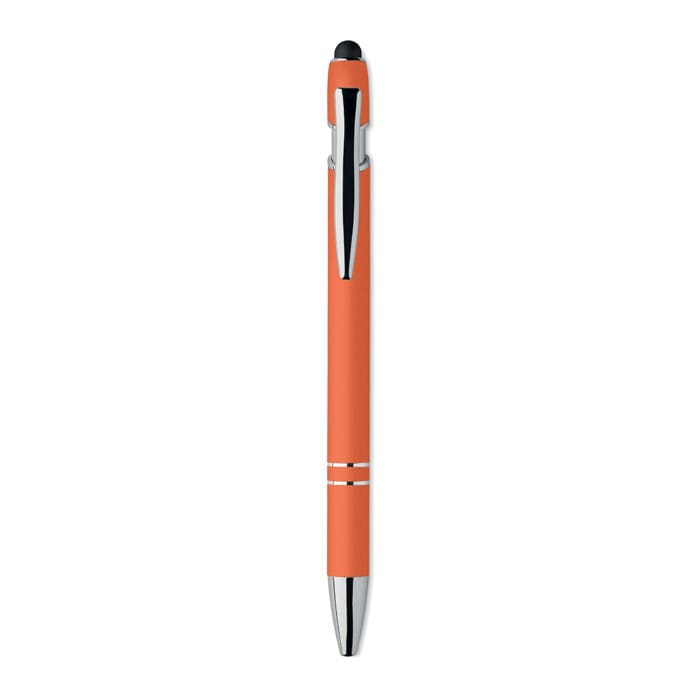 An orange pen with a sleek design and chrome accents, featuring a smooth writing tip. It has a logo on the barrel.