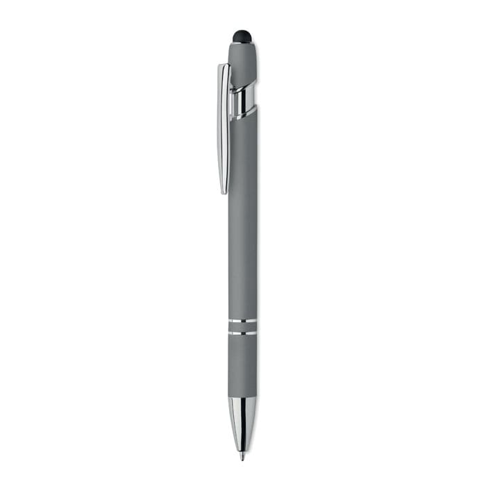 A grey pen with a chrome trim and a stylus tip. It features a sleek design and has a logo.
