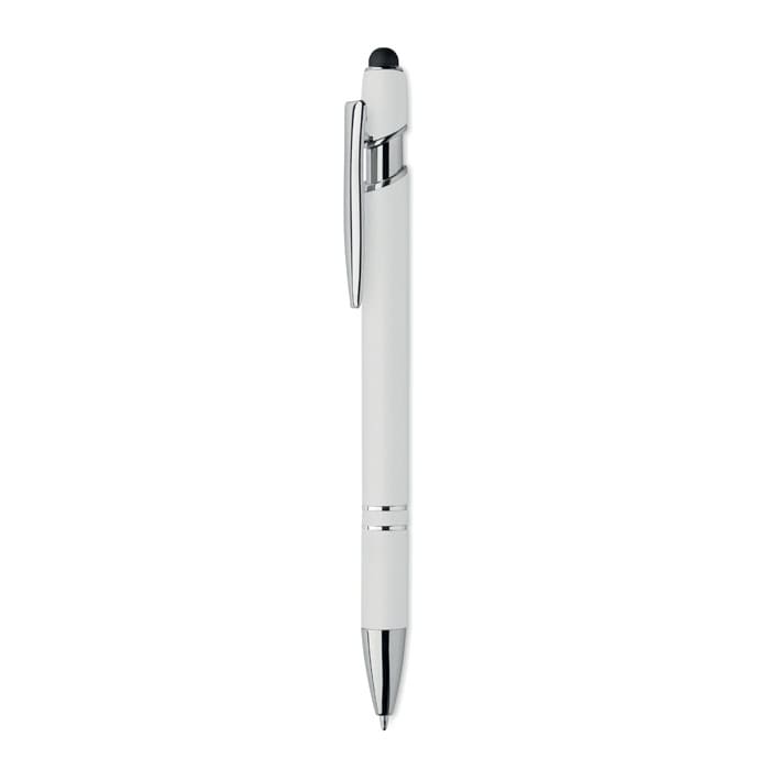 A pen in a sleek white design with chrome accents and a stylus tip. It features a clip and a branding logo.