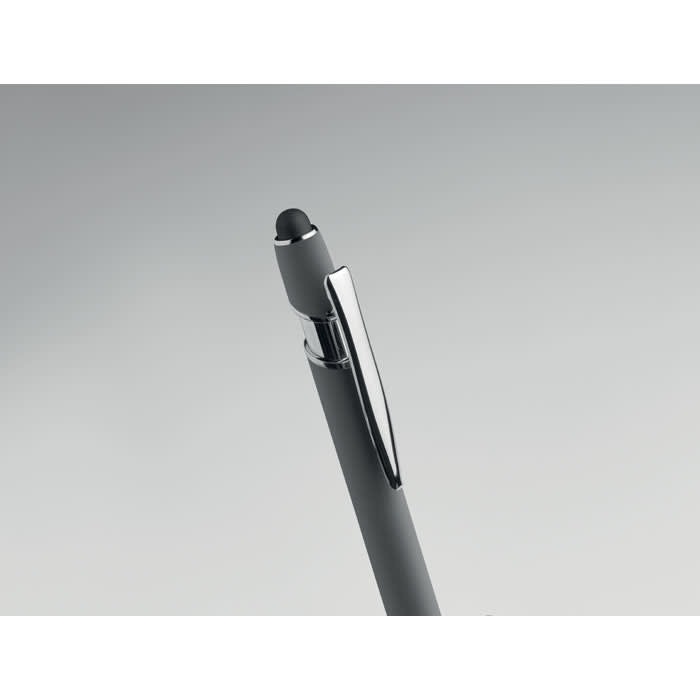 A sleek grey pen with a shiny chrome clip and a rounded black tip, featuring a minimalist design.