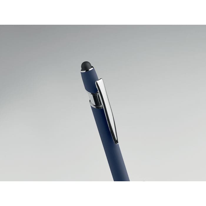 A blue pen with a shiny silver clip and a stylus tip at the end. It has a sleek design and modern appearance.