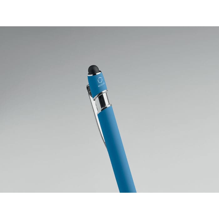 A blue pen with a rounded black tip and a clear clip, featuring a logo on the clip.
