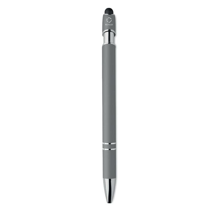 A grey pen with a smooth finish, featuring a silver accent and a touchscreen stylus tip. It has a logo at the top.