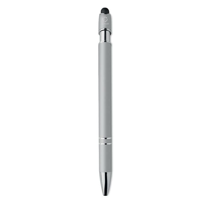 A grey stylus pen with a shiny silver clip and tip, featuring a logo on the upper section.