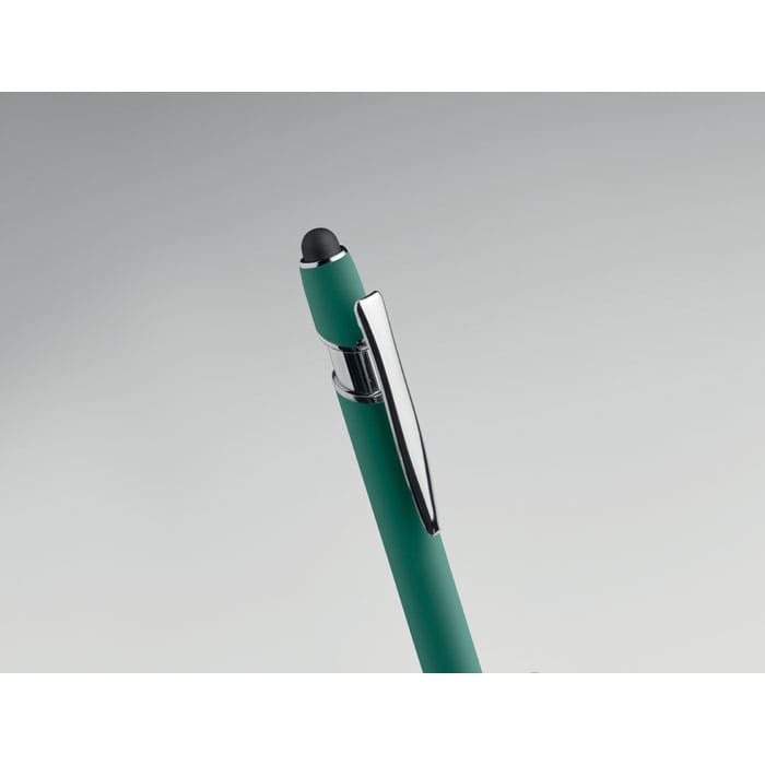 A green pen with a chrome clip and a black stylus tip, featuring a sleek design. 