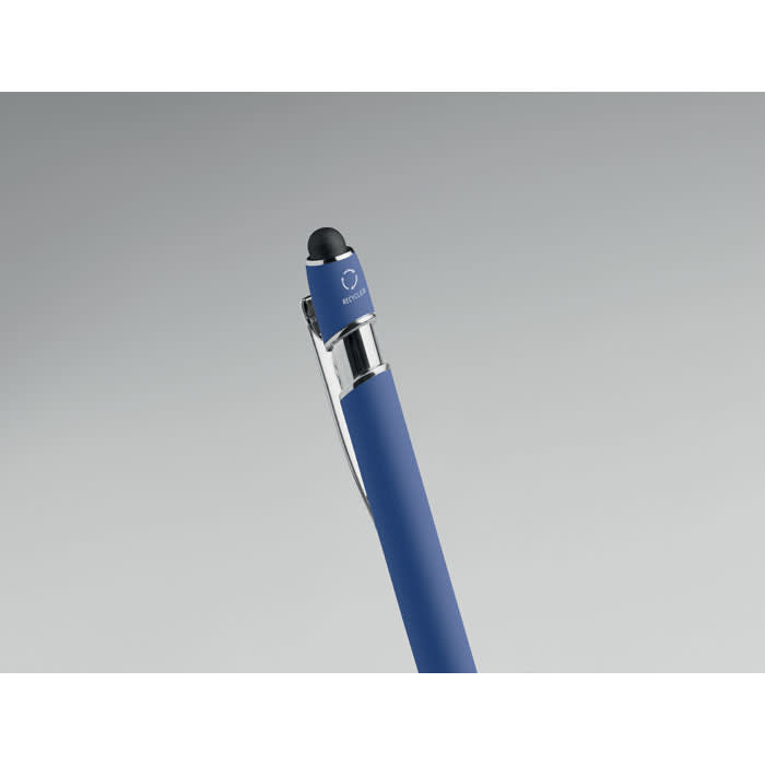 A pen with a blue barrel and a black stylus tip, featuring a silver clip and logo.