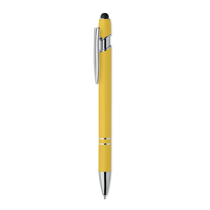 A yellow pen with chrome accents and a stylus tip. It features a sleek design and a clip for attachment.