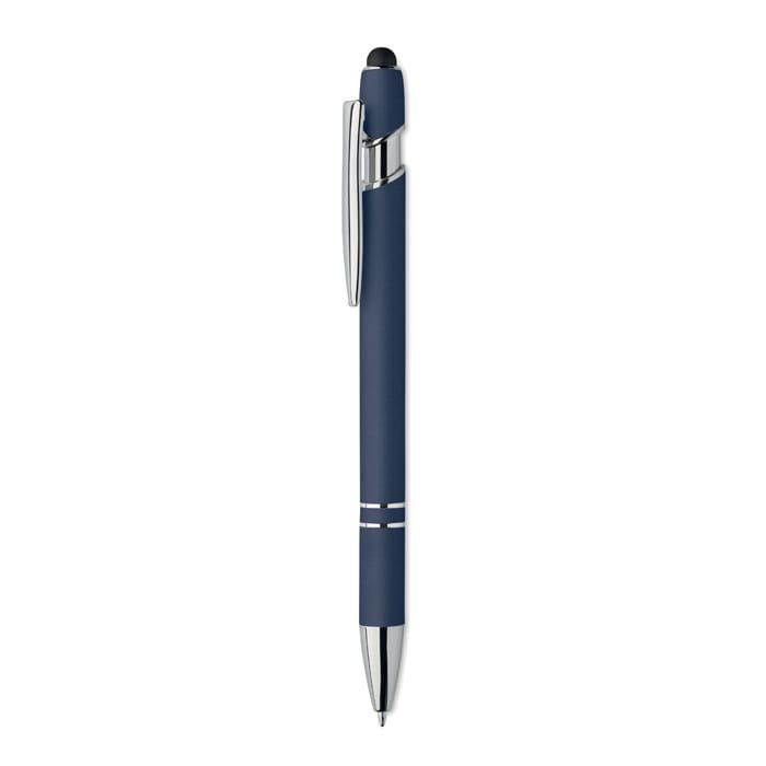 A pen in navy blue with a silver clip and accents, featuring a stylus tip on the end.
