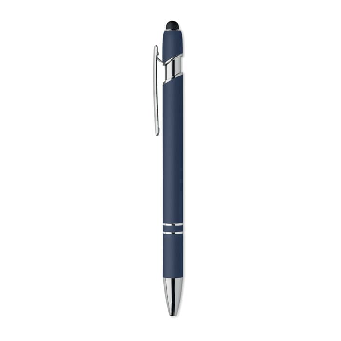A blue pen with a silver clip and accents, featuring a rubber grip and a stylus tip.