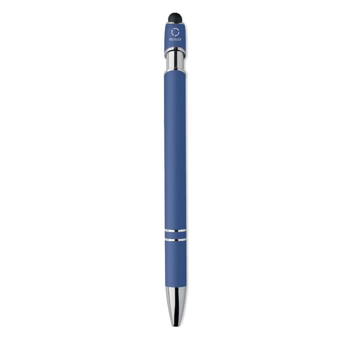 A blue pen with a metallic nib and two silver stripes, featuring a logo on the cap.