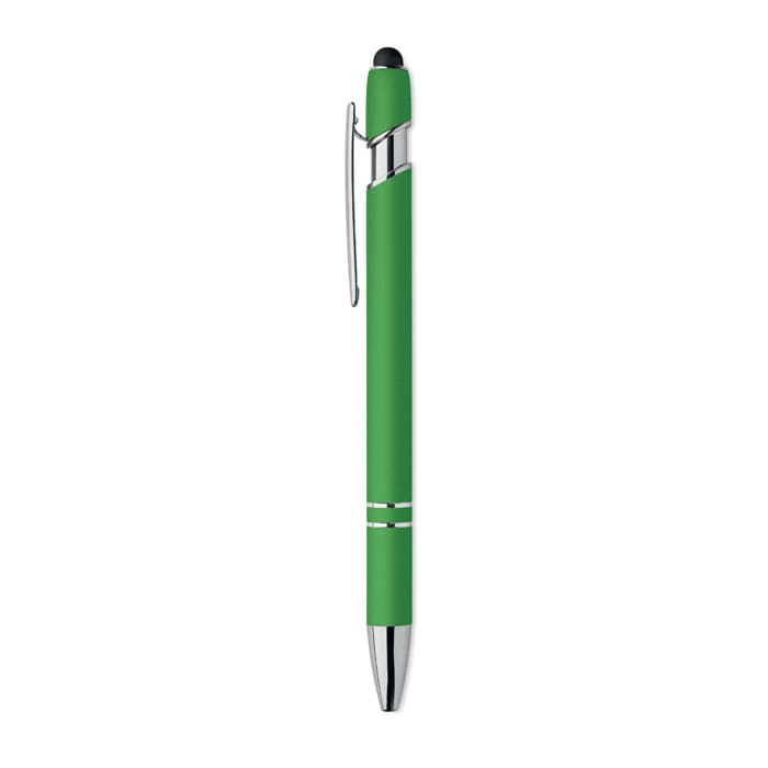 A green pen with a sleek design and a chrome clip, featuring a touch screen stylus on the top.
