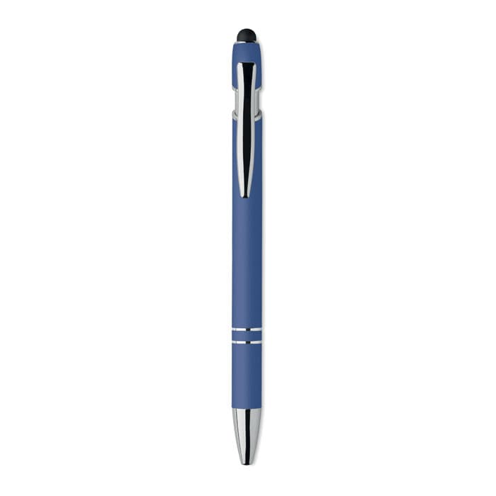 A blue pen with a silver clip and tip, featuring a touch screen stylus at the top.