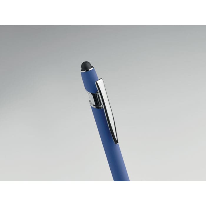 A blue pen with a silver clip and a stylus tip on the end. It has a sleek, modern design.