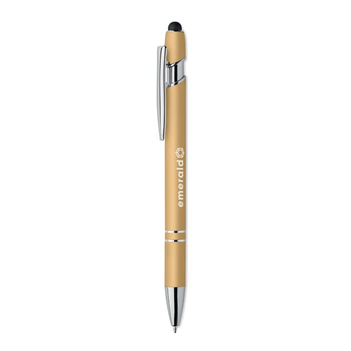 A pen in a gold colour with a sleek design and a clip, featuring a branding logo.
