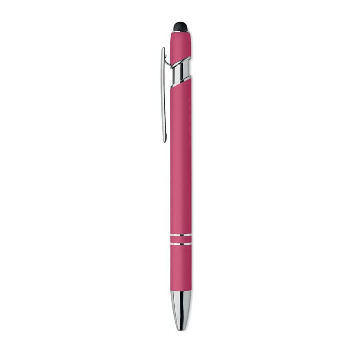 A pink pen with a chrome clip and accents, featuring a stylus tip for touchscreen use.