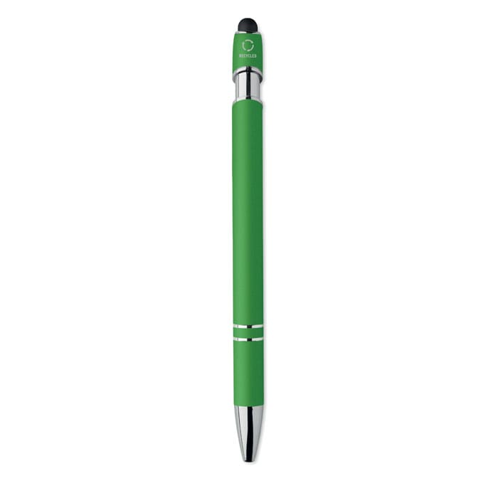 A green pen with a silver tip and detailing, featuring a logo at the top.