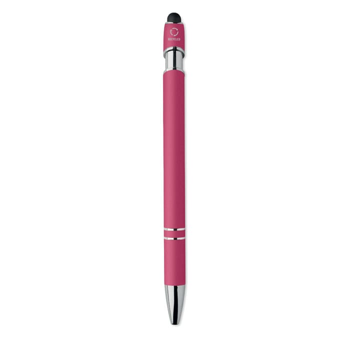 A stylus pen in a vibrant pink colour with a metallic silver tip and accents. It features a branding logo at the top.