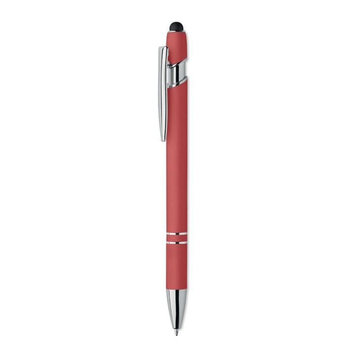 A red pen with a chrome clip and accents, featuring a stylus tip at the end. It has a branding logo on the side.