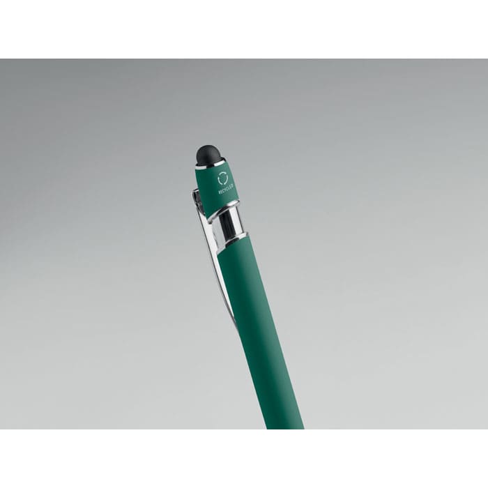 A pen with a green barrel and a black tip, featuring a clear clip and a logo on the top.