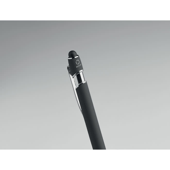 A sleek black pen with a shiny chrome accent and a rounded tip, featuring a logo on the clip.