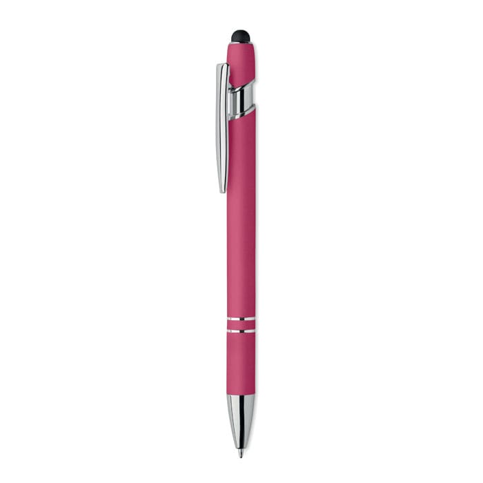 A pink pen with a chrome clip and tip, featuring a stylus on top. It has a sleek, modern design.
