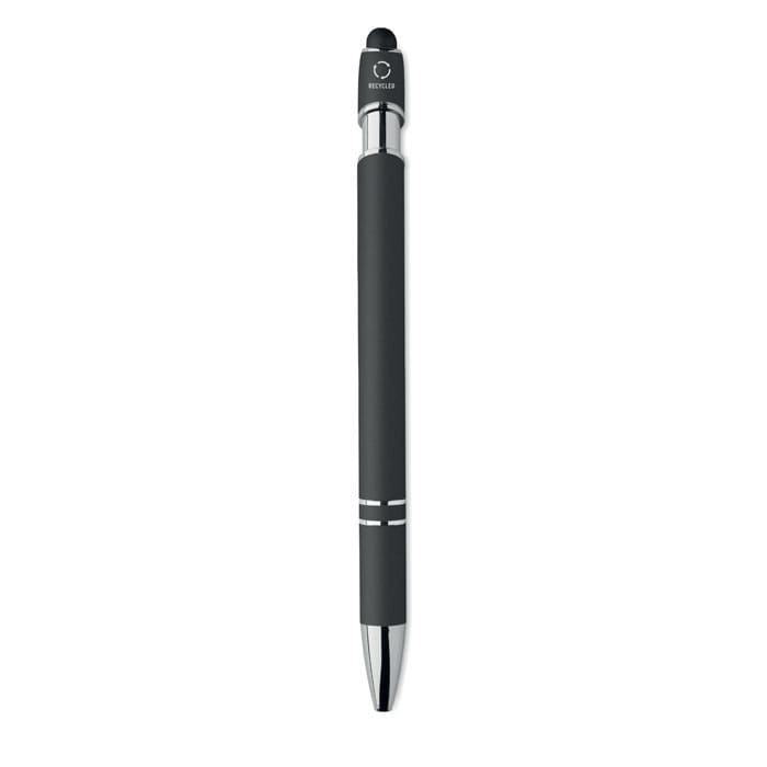 A sleek black pen with a silver clip and detailing, featuring a logo at the top.