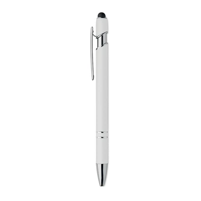 A pen with a white barrel and chrome accents, featuring a clip and a touchscreen stylus tip.