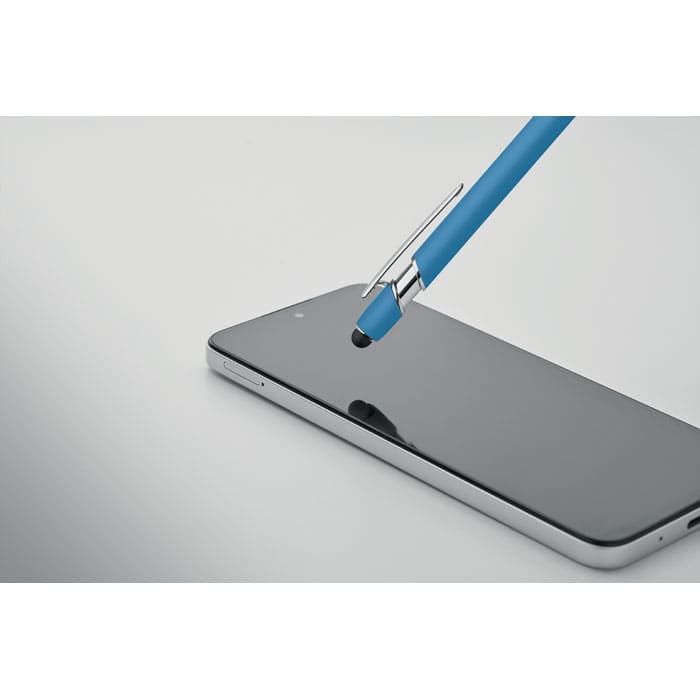 A blue pen poised above a sleek black smartphone, showcasing a minimalist and modern design.
