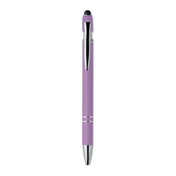 A purple pen with a sleek design and a silver clip, featuring a black stylus tip at the end.
