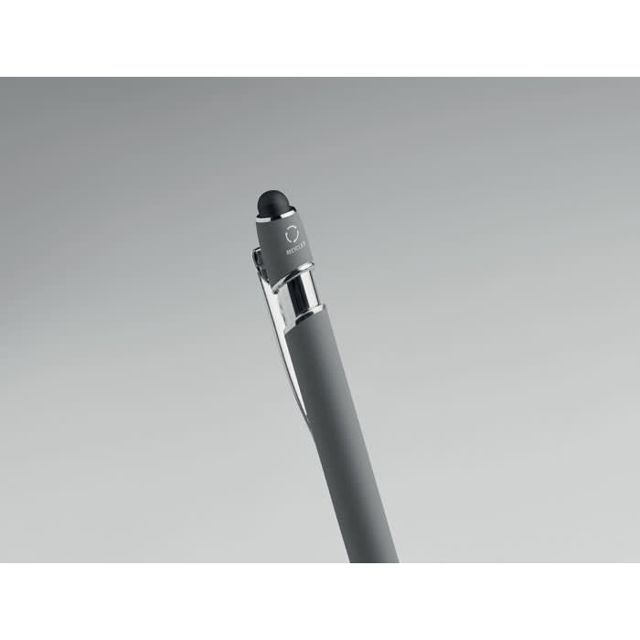 A grey pen with a sleek design and a black tip, featuring a logo on the clip.