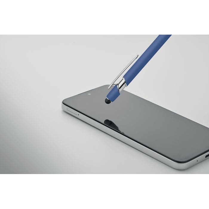 A blue pen is poised above the screen of a sleek, black smartphone, highlighting the device's shiny surface.
