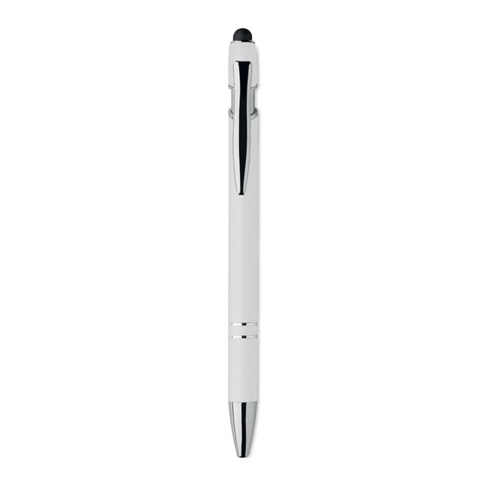 A pen in white with silver accents and a stylus tip, featuring a sleek design and a brand logo.